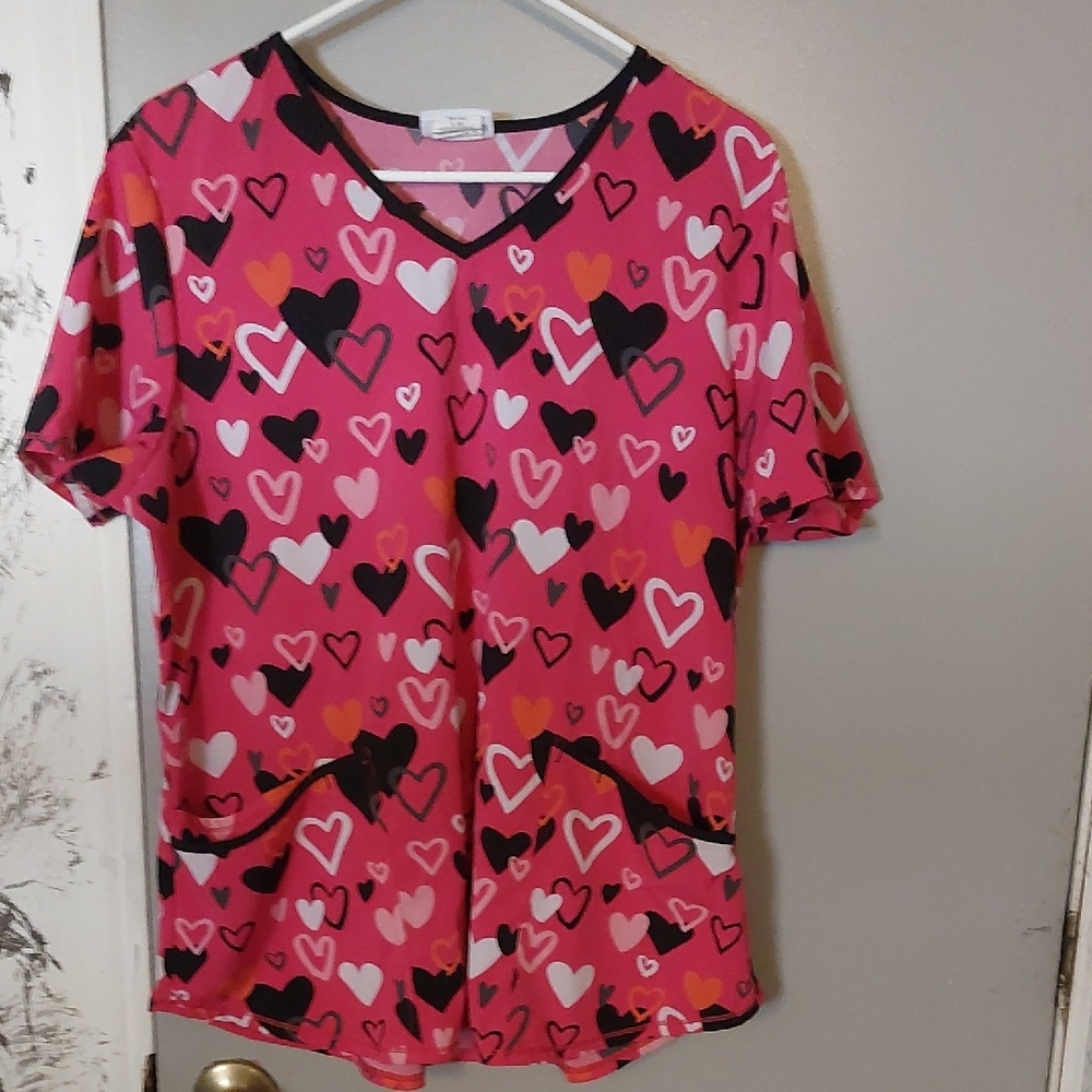 Pink Heart Patterned Scrub Top